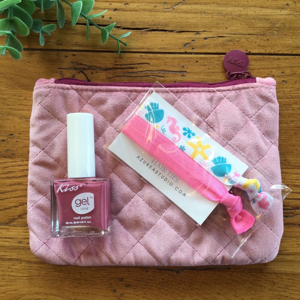 Velvet Quilted Cosmetic Bag with Two Hair Ties and Nail Polish